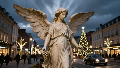 Obraz premium Angel Statue in Festive City Street During Evening Hours
