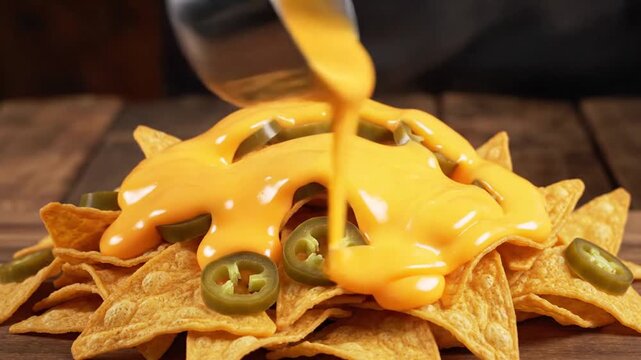 Close-up of a metal ladle pouring thick orange melted cheese sauce over a pile of crunchy corn tortilla chips topped with sliced green jalape&ntilde;os on a rustic wooden table.