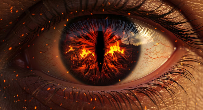 Fiery eye of a demon with burning flames and intense gaze.