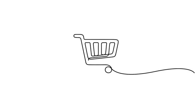 Shopping cart vector design in animated minimalist continuous line drawing style. Minimalist one-line animation of a shopping cart, perfect for retail and e-commerce branding.