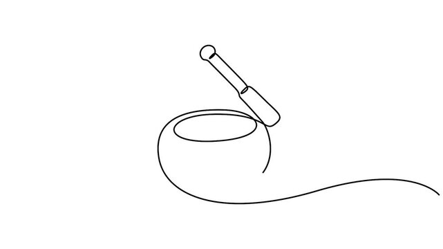 Mortar and pestle vector design in animated minimalist continuous line drawing style. Minimalist one-line animation of a mortar and pestle, perfect for culinary and wellness branding.