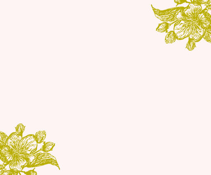 Apple Blossom Wedding Floral Frame, Vintage Botanical Invitation Design, Beige Background. Apple Blossom Wedding Wreath, Floral Botanical Frame for Invitation, Vintage Line Art