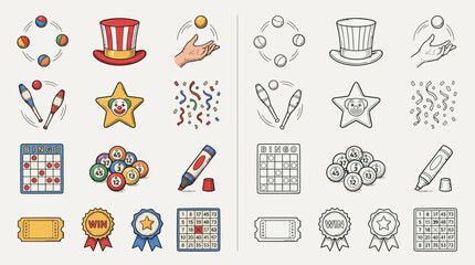 A collection of colorful and monochrome icons representing various entertainment and game-related elements, including juggling, magic hats, bingo, and awards. © renender