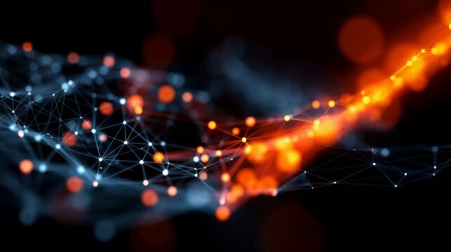 Abstract digital wave of interconnected nodes and glowing particles in blue and orange colors, creating a dynamic visual flow against a dark background