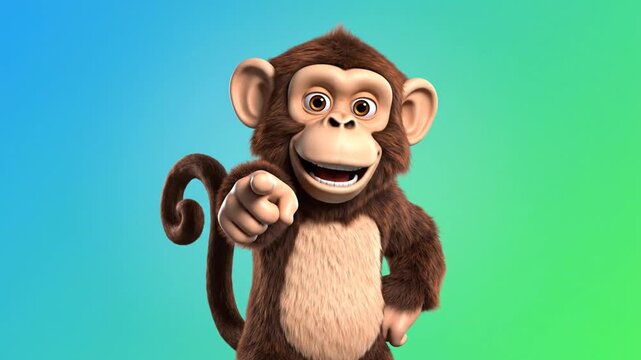 A playful cartoon monkey character pointing directly at the viewer with a friendly expression against a gradient