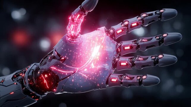 Robotic hand with glowing red circuitry extends outward, showcasing intricate mechanical design and energy flow in a futuristic digital environment