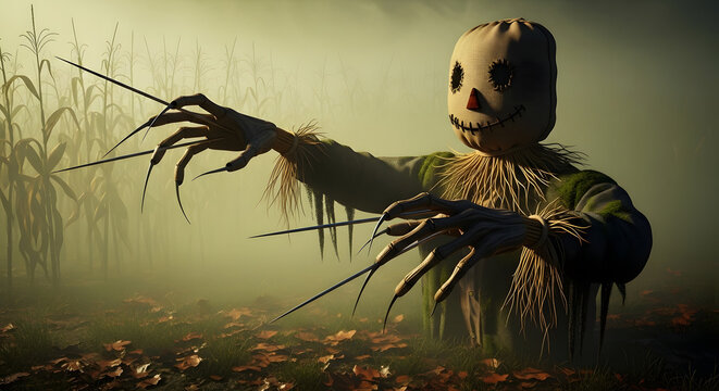 Spooky scarecrow with long claws stands in a misty cornfield during autumn.
