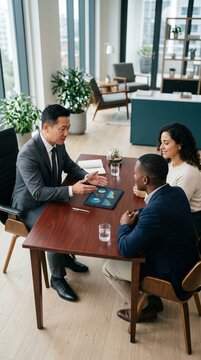 Professional Asian financial advisor explaining data charts on a tablet to a diverse young couple in a modern office