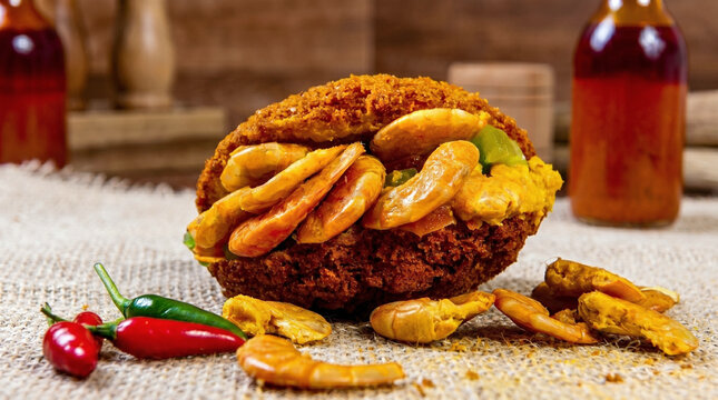 Acaraj&eacute;, a traditional Brazilian dish, on a table with palm oil and condiments. A fritter made from black-eyed pea dough, onion, and salt, fried in palm oil.