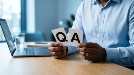Fototapeta premium Man holding QA broken paper on desk with laptop in office
