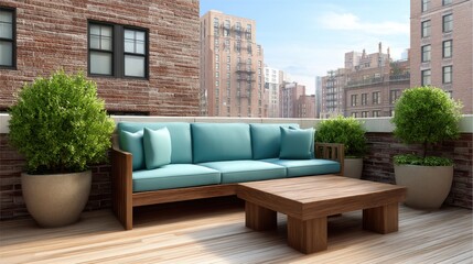 Obraz premium Stylish urban rooftop terrace with cozy blue sofa and wooden table, surrounded by potted greenery and city skyline in daylight