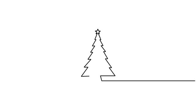 Christmas tree vector design in animated minimalist continuous line drawing style. Minimalist one line animation of a Christmas tree with a star, ideal for holiday card designs.
