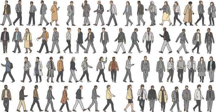 Set of various walking people silhouettes for architectural rendering.