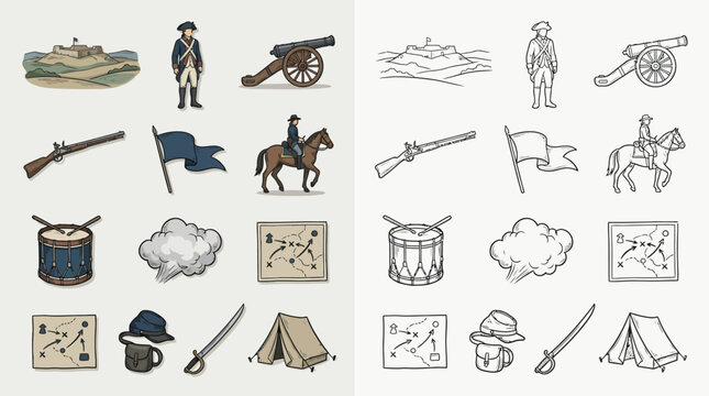Collection of historical military icons depicting soldiers, weapons, and battle elements from the American Revolutionary War era.