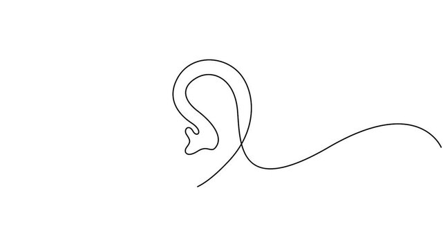 Human ear vector design in minimalist continuous line drawing style. Minimalist single line animation of a human ear, perfect for medical or hearing health concepts.