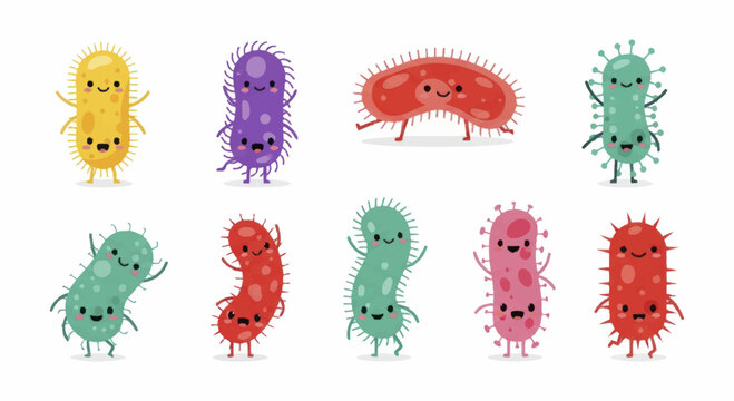 Collection of Adorable Cartoon Bacteria and Germs with Happy and Sad Faces.