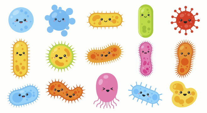 Collection of Adorable Cartoon Microbes and Bacteria Characters.