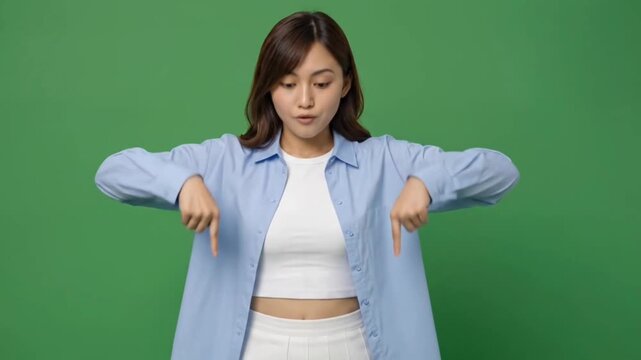 Young woman pointing down with both hands on green screen