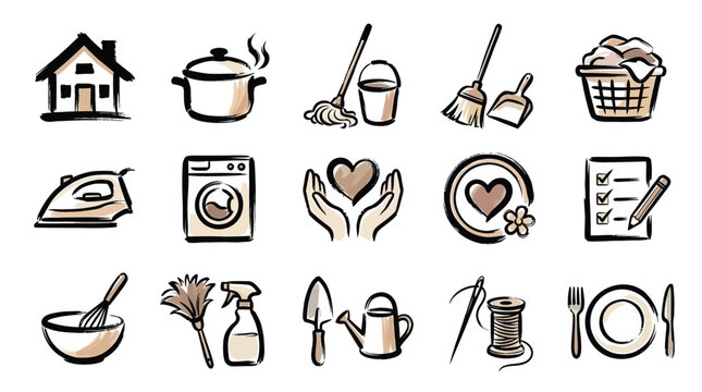 Set of icons representing household chores, cleaning, and domestic activities, including cooking, laundry, and ironing.