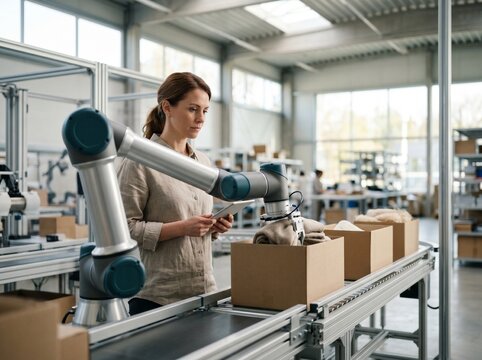 Female engineer using a digital tablet to monitor a collaborative robotic arm packing boxes on a conveyor belt in a modern warehouse