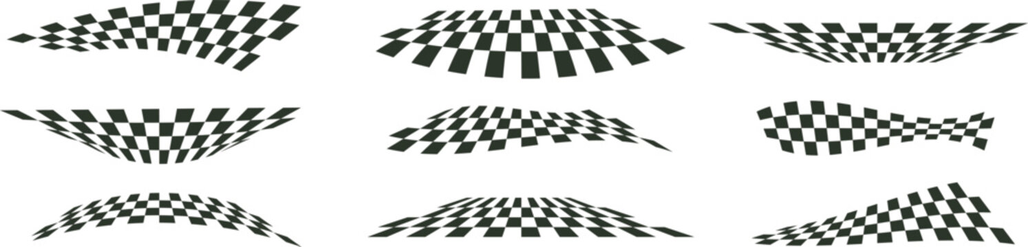Wavy checkered patterns set with distorted black and white checkerboard grids creating dynamic motion effects. Abstract racing style textures ideal for speed themes, backgrounds, and graphic design. 