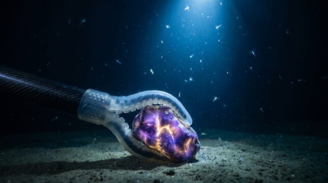 Robotic mechanical arm grips a glowing purple mineral specimen found deep underwater to reveal mysterious geological properties hidden within the dark sea