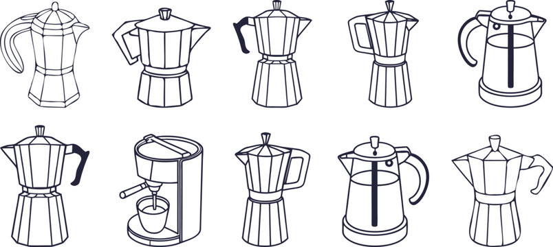 pot coffee maker icons set with various stovetop espresso designs in clean outline style. Minimal kitchen appliance illustration ideal for branding, menus, and beverage graphics. Vector 