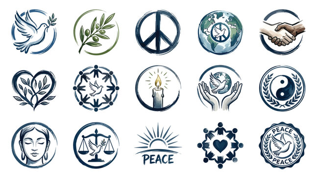 A collection of circular icons representing peace, unity, and harmony, featuring symbols like doves, olive branches, and hands.