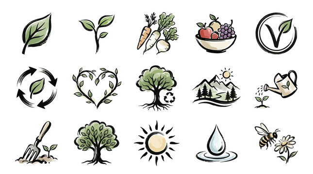 A collection of hand-drawn icons representing nature, growth, sustainability, and healthy living, including plants, fruits, vegetables, and environmental symbols.