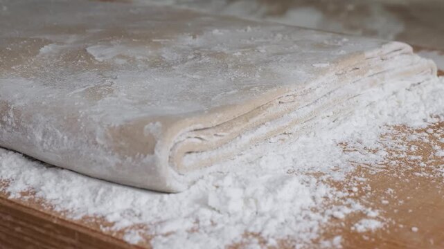 A detailed, slow-motion shot showing a baker's hand gently pressing down on multiple layers of freshly folded dough. The scene captures the texture of the white flour scattered across a rustic wooden 