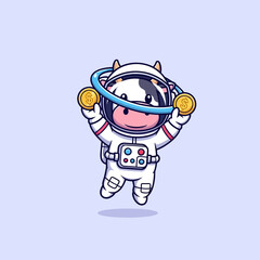 Obraz premium A cartoon cow in a spacesuit holding coins.