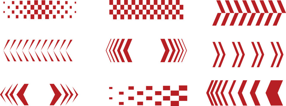 Dynamic red racing stripes and checkered patterns with arrow speed elements in bold vector style. Modern geometric motion graphics isolated on light background. Perfect for motorsport branding, decals
