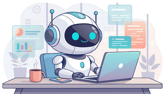 Cute Robot Working on Laptop with Blue Screen.