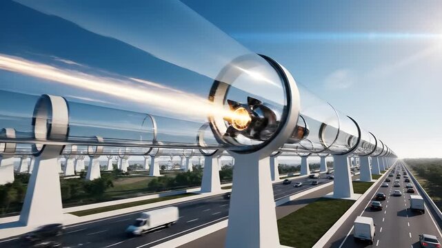 Futuristic hyperloop cargo transport system carrying pallets of boxes through a transparent elevated vacuum tube above a busy modern highway