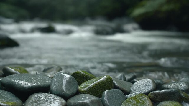 River Stone Margin. Tropical Forest with Natural Negative Space. Tactile Design. a pile of wet, mossy river stones in the lower-left corner, set against a vast expanse of out-of-focus flowing water
