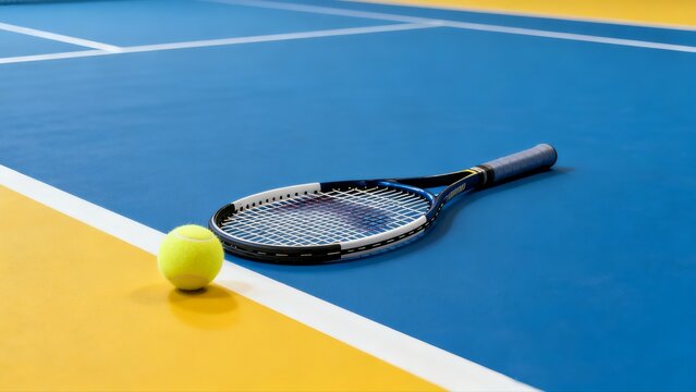 Tennis Racket and Ball on Indoor Court with Vibrant Blue and Yellow Surface