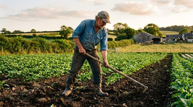 An farmer diligently working his field under the soft glow of the sun