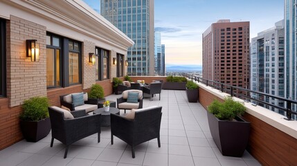 Obraz premium Urban Rooftop Terrace with Chic Seating, Potted Plants, and Scenic City views at Twilight, Ideal for Relaxation and Modern Living Spaces