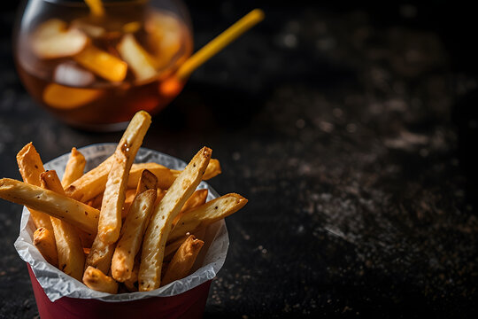 Crispy golden french fries in a red container, ready to be enjoyed with a drink