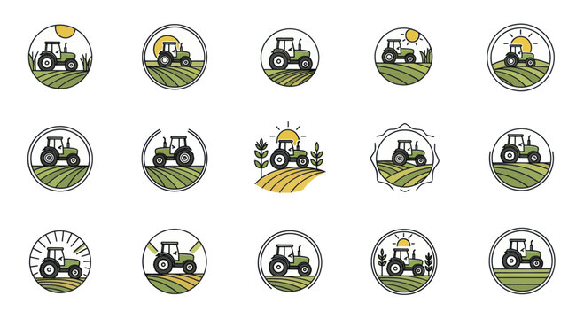 Collection of stylized tractor icons in circular frames.