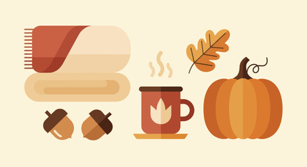 Cozy Autumn Elements with Pumpkin and Hot Drink. © Ibuk
