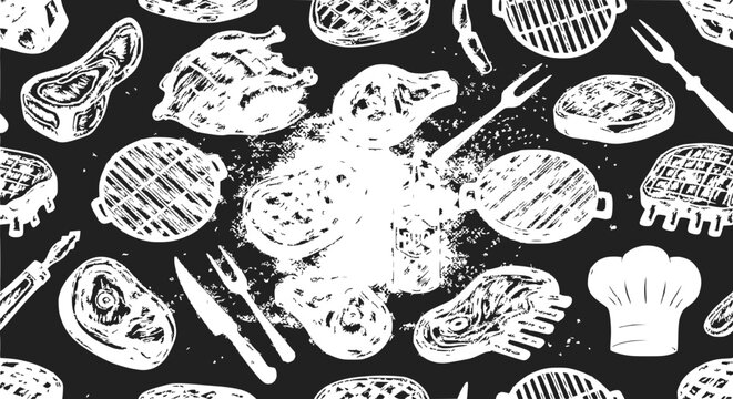 BBQ Meat Assortment Hand Drawn Sketch Style on Black Background
