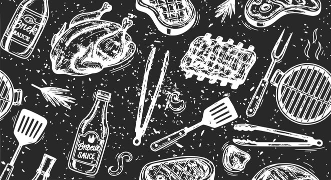 BBQ Food Illustration: Grilled Meats, Chicken, Ribs, Sauce Bottles, Tongs