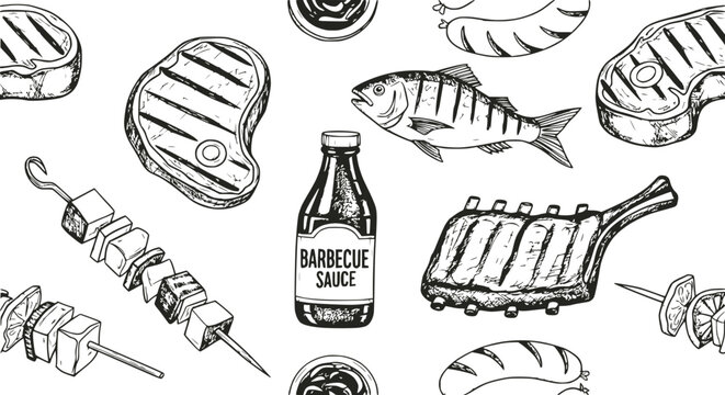 Hand-drawn Barbecue Food Pattern: Steak, Ribs, Fish, Sausage, Skewers, Sauce