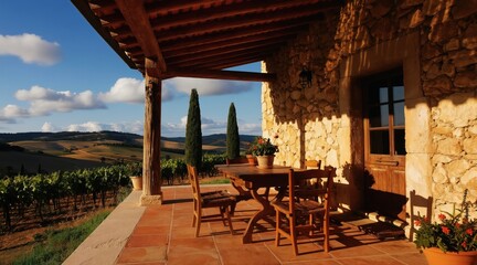 Naklejka premium Tuscan farmhouse porch with vineyard view. Wooden table chairs on terracotta tiles. Stone house offers peaceful countryside relaxation under sunny skies.