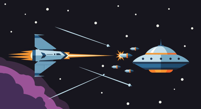 Spaceship battle in outer space with laser beams and explosions