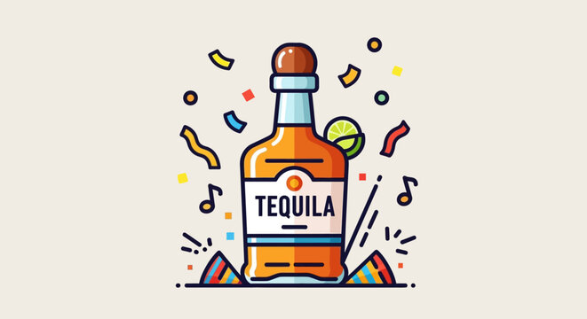 Festive tequila bottle illustration with confetti and music notes for party celebration