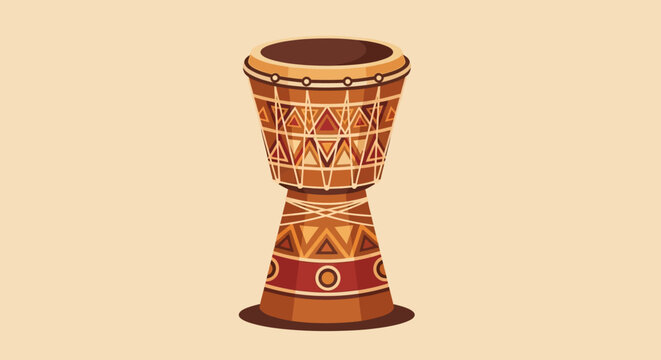 African djembe drum illustration with traditional geometric patterns on beige background