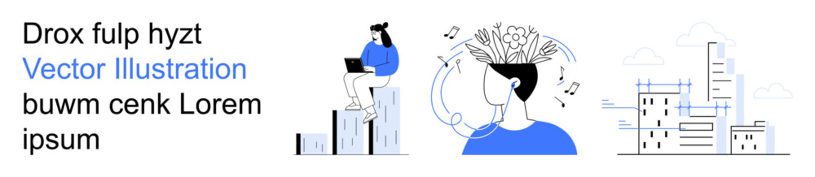 Remote work, creativity, innovation, technology, urbanization, modern life. Person working on laptop on buildings, brain with ideas urban background. Remote work and creativity concept