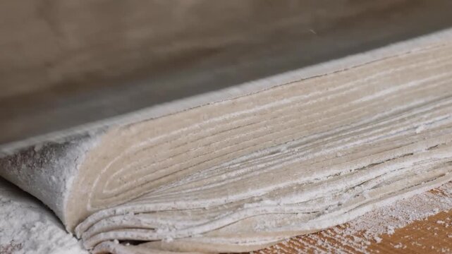 A detailed, slow-motion shot of a master chef hand-cutting fresh buckwheat dough into thin soba noodles using a traditional wide-bladed soba kiri knife. The dough is floured to prevent sticking, and t